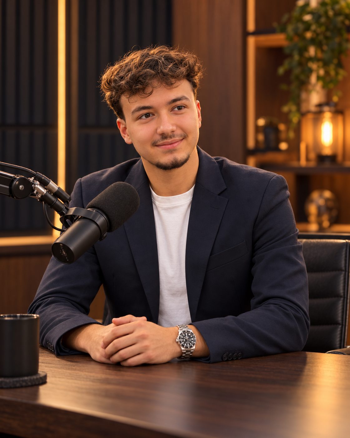 Joluca, fondateur de MAZZ ECOM, en blazer dans un studio