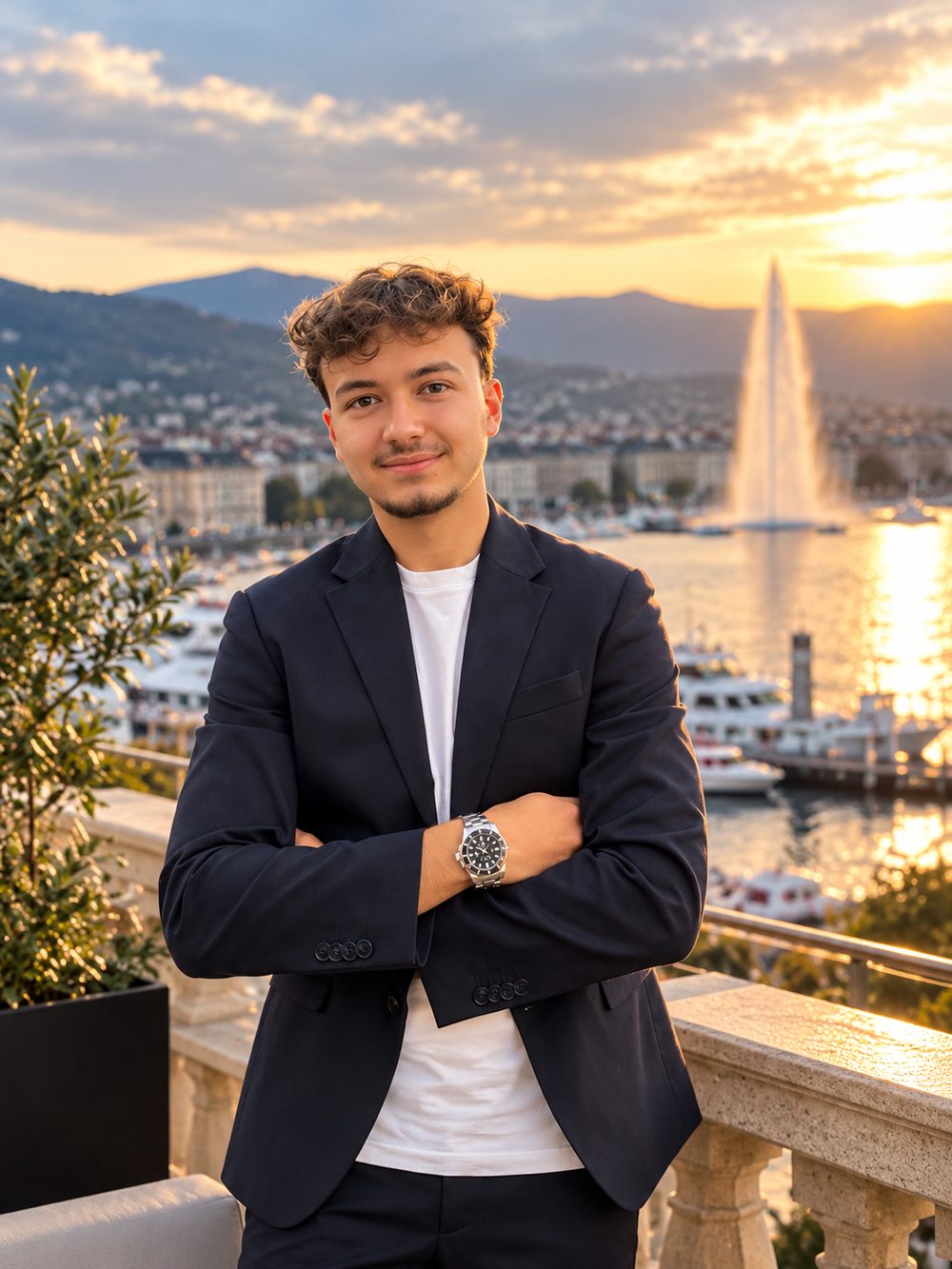 Joluca, fondateur de MAZZ ECOM, en blazer sur une terrasse au coucher du soleil